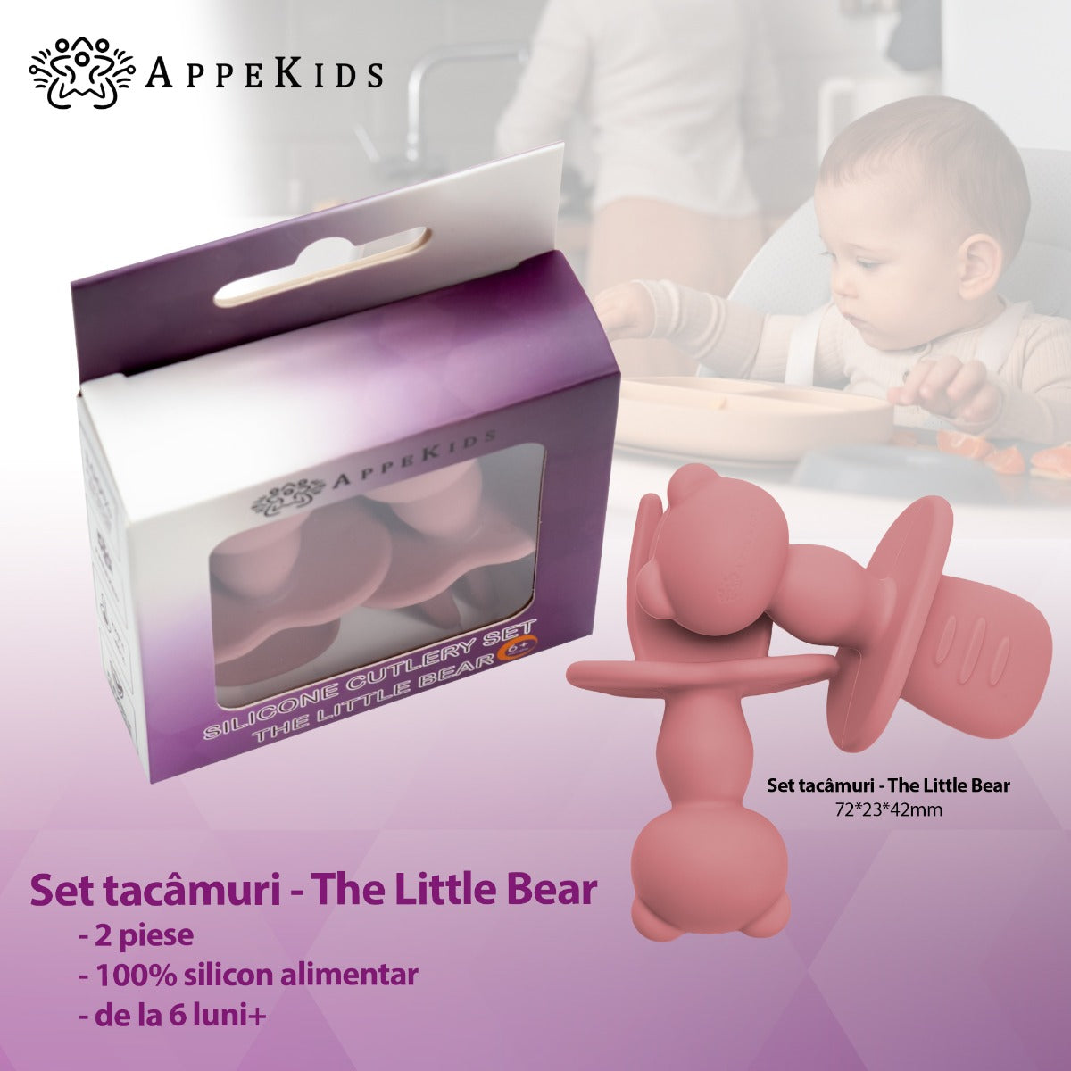 Set Tacamuri din silicon, AppeKids, The Little Bear - Old Rose - gogobaby.ro