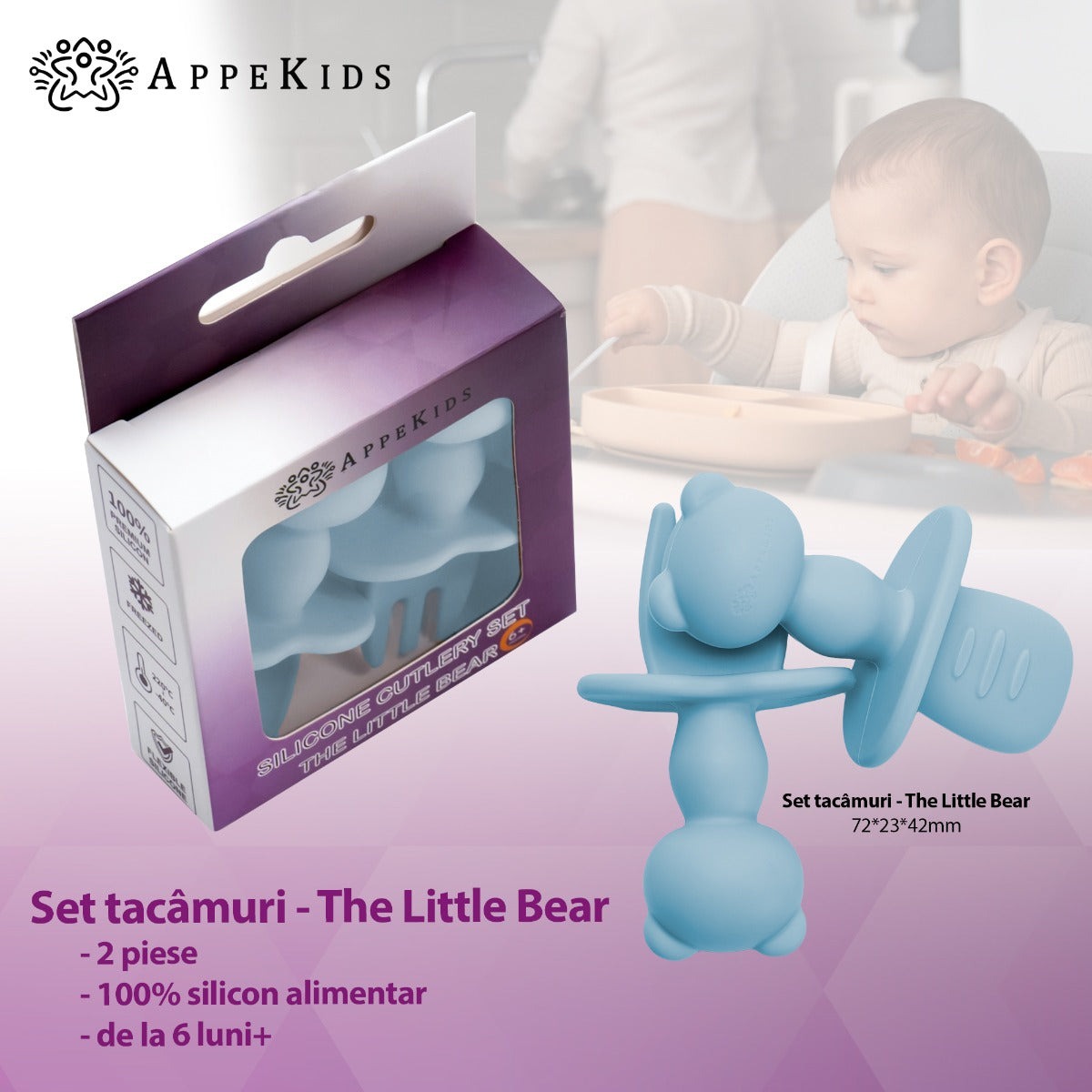 Set Tacamuri din silicon, AppeKids, The Little Bear - Aqua Blue - gogobaby.ro