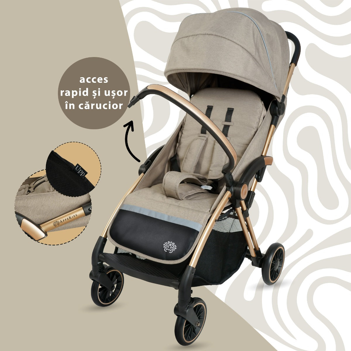 Carucior Sport AppeKids – Upp – Ultracompact, Pliere automata, De la nastere la 22kg - Bubble Beige