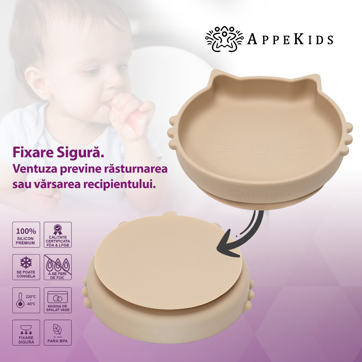 Set Diversificare, AppeKids, 100% Silicon, Kitty - Bubble Beige - gogobaby.ro