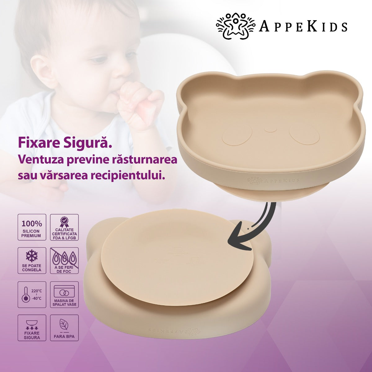 Set Diversificare, AppeKids, 100% Silicon, Panda - Bubble Beige - gogobaby.ro