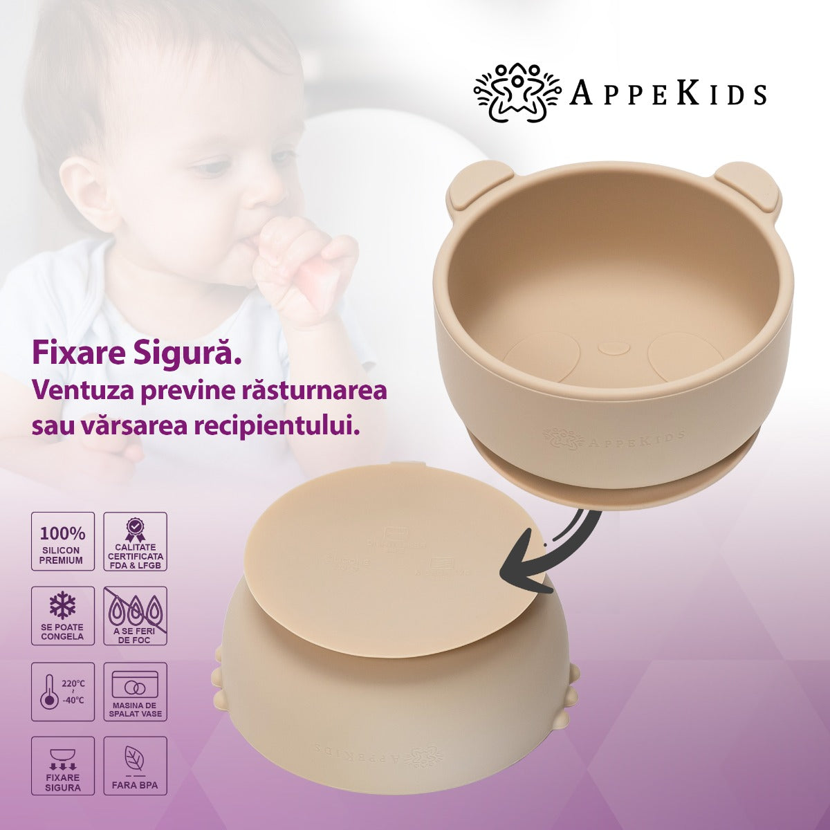 Bol din silicon cu ventuza, AppeKids, The Little Bear - Bubble Beige - gogobaby.ro