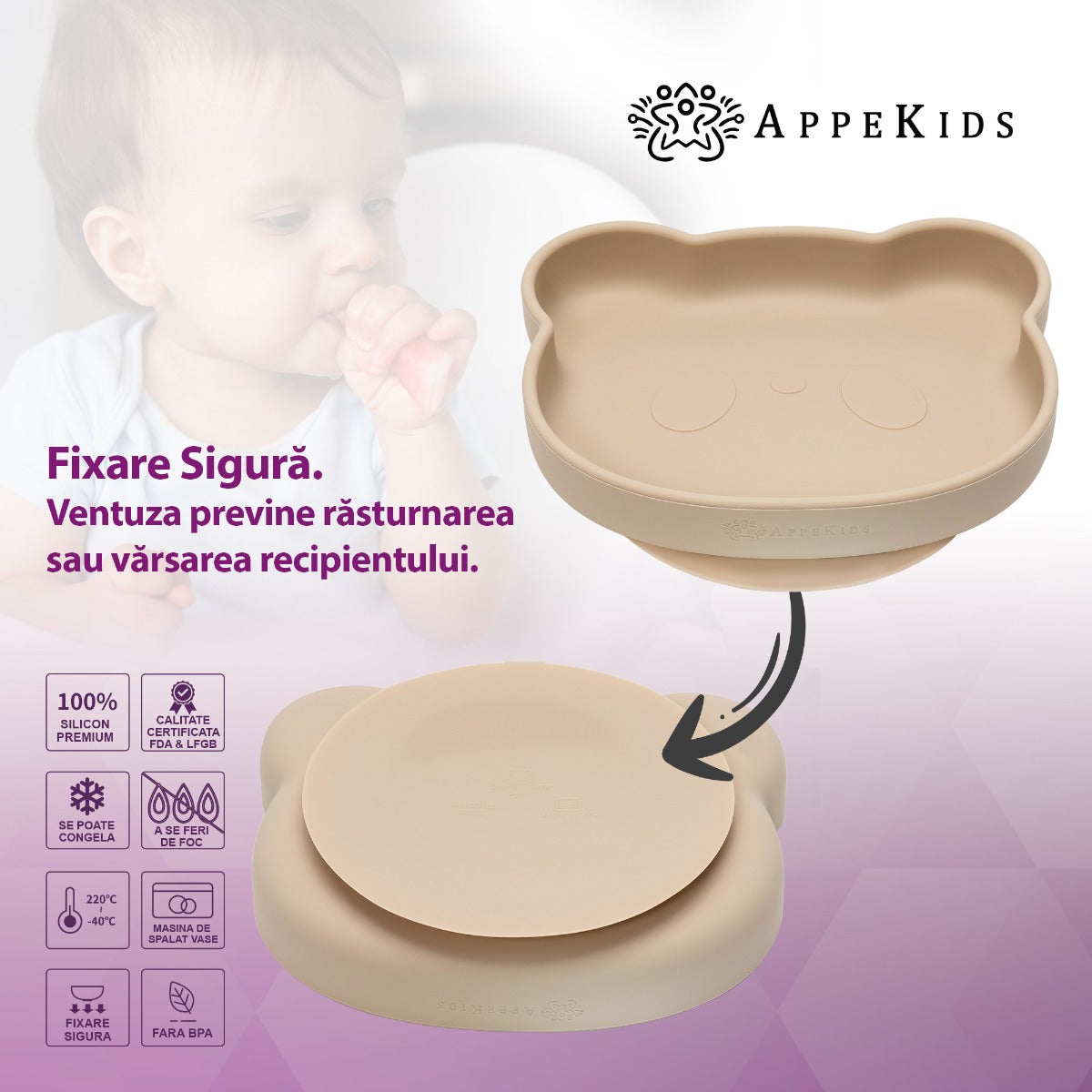 Farfurie din silicon cu ventuza, AppeKids, The Little Bear - Bubble Beige