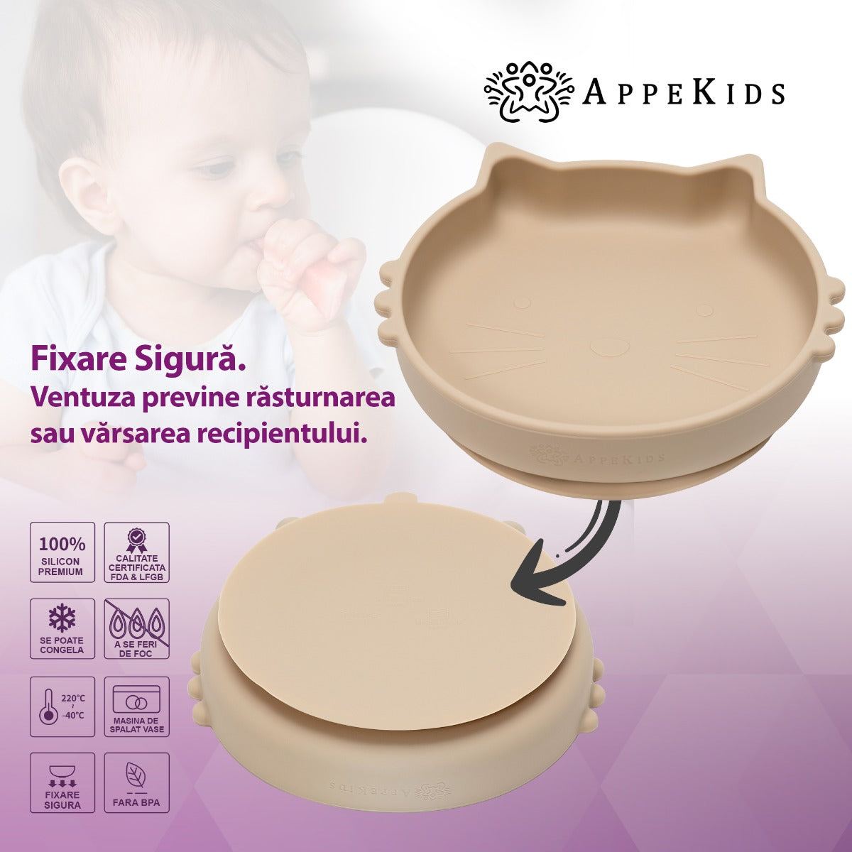 Bol din silicon, AppeKids, Kitty II - Bubble Beige - gogobaby.ro