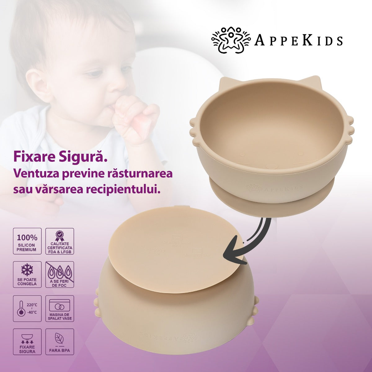 Bol din silicon, AppeKids, Kitty I - Bubble Beige - gogobaby.ro
