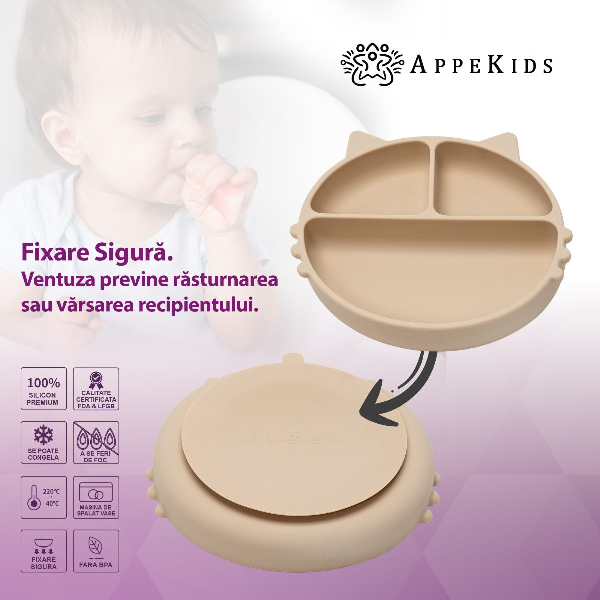 Farfurie compartimentata din silicon cu ventuza, AppeKids - Kitty - Bubble Beige - gogobaby.ro