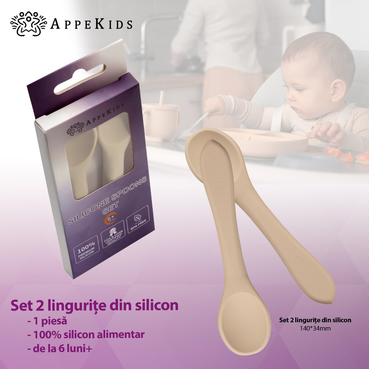 Set Lingurite din silicon, AppeKids - Bubble Beige - gogobaby.ro
