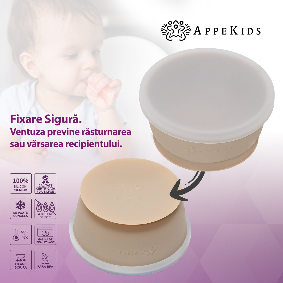 Bol din silicon cu ventuza si capac, AppeKids - Bubble Beige - gogobaby.ro