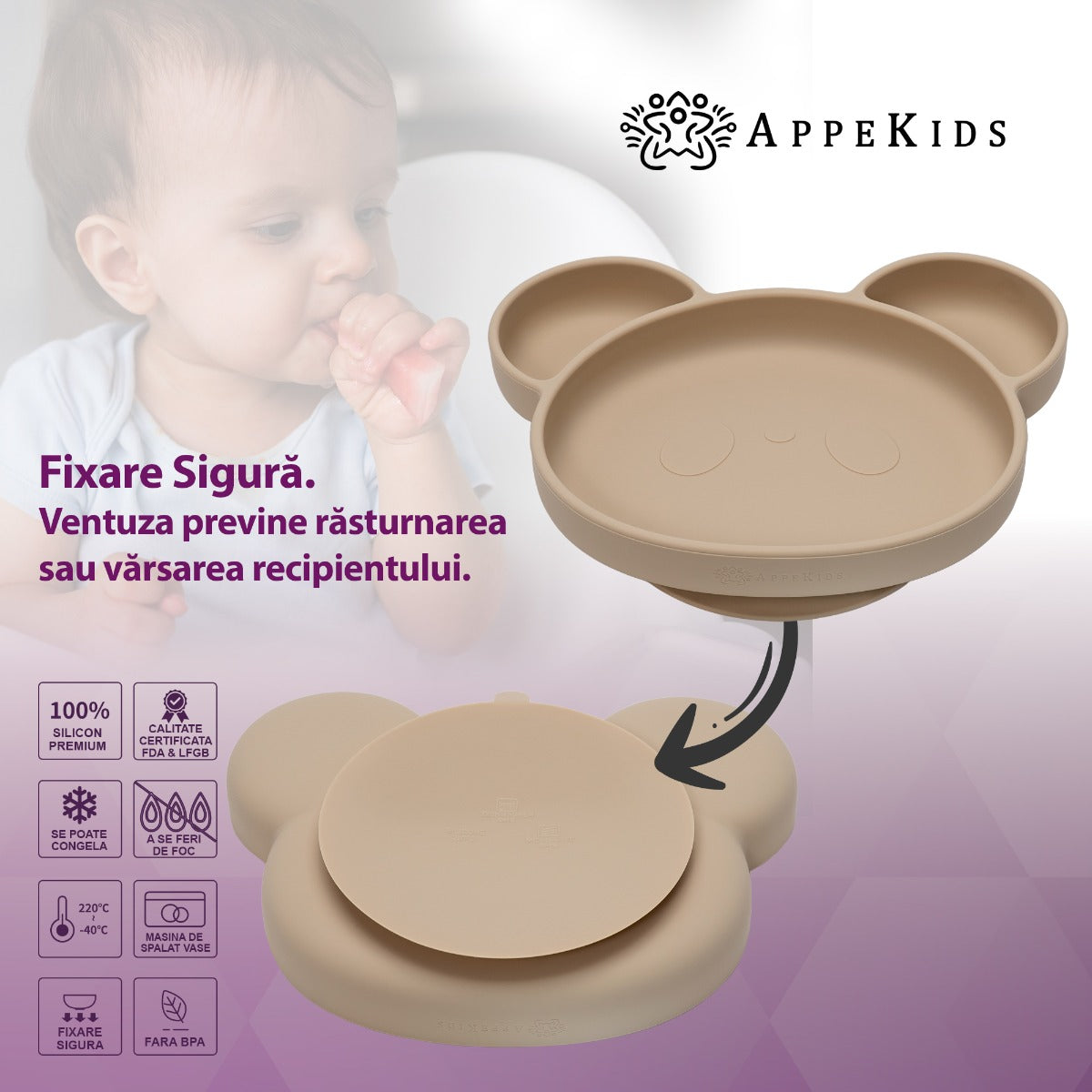 Farfurie din silicon cu ventuza, AppeKids, Panda - Bubble Beige - gogobaby.ro