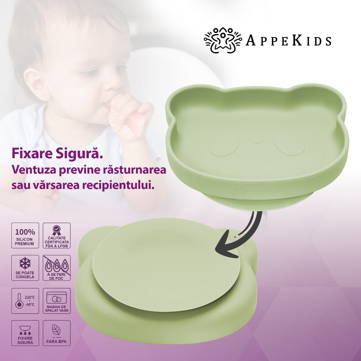 Set Diversificare, AppeKids, 100% Silicon, Panda - Raw Green - gogobaby.ro