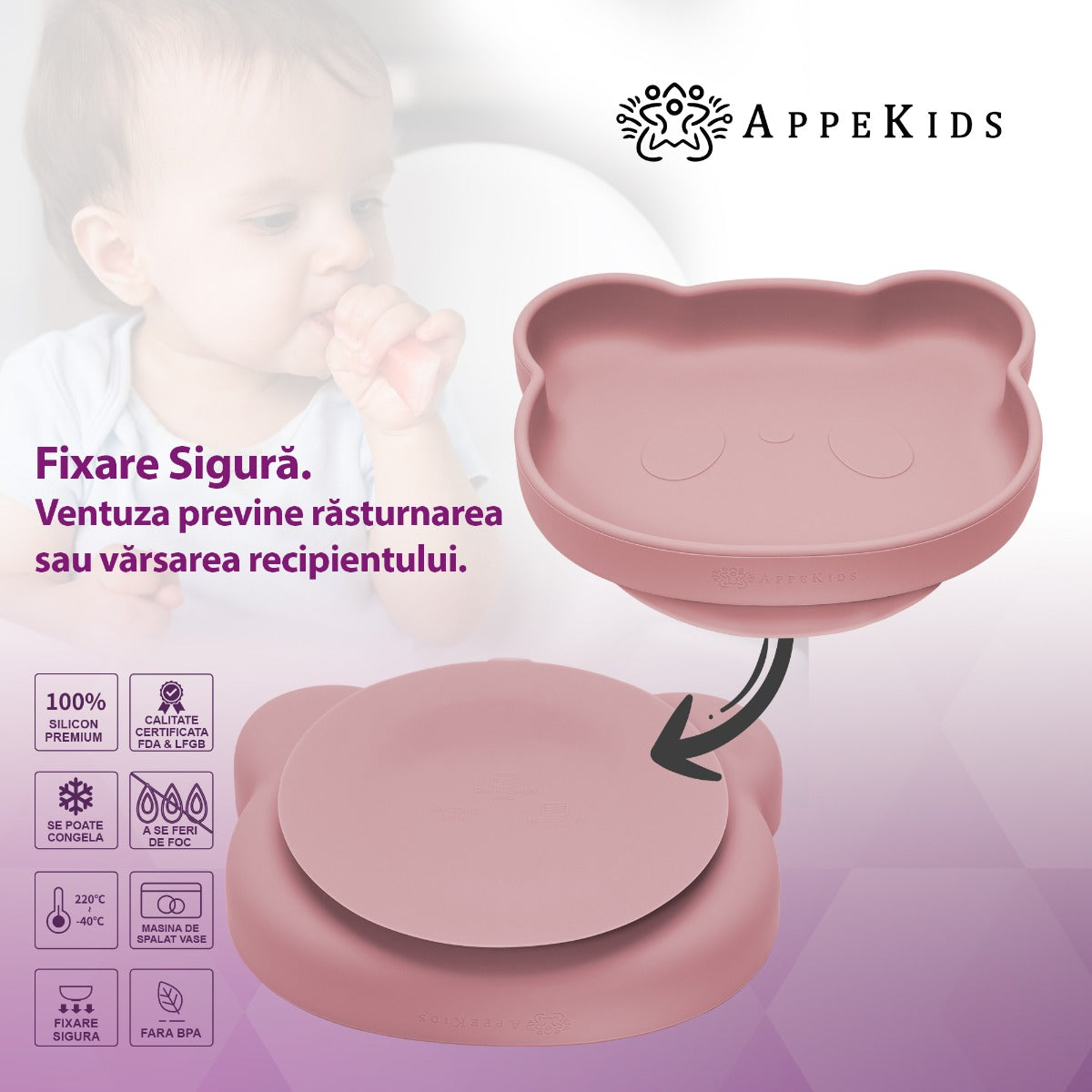 Set Diversificare, AppeKids, 100% Silicon, Panda - Old Rose - gogobaby.ro