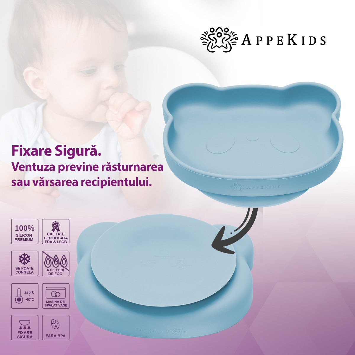 Set Diversificare, AppeKids, 100% Silicon, Panda - Aqua Blue - gogobaby.ro