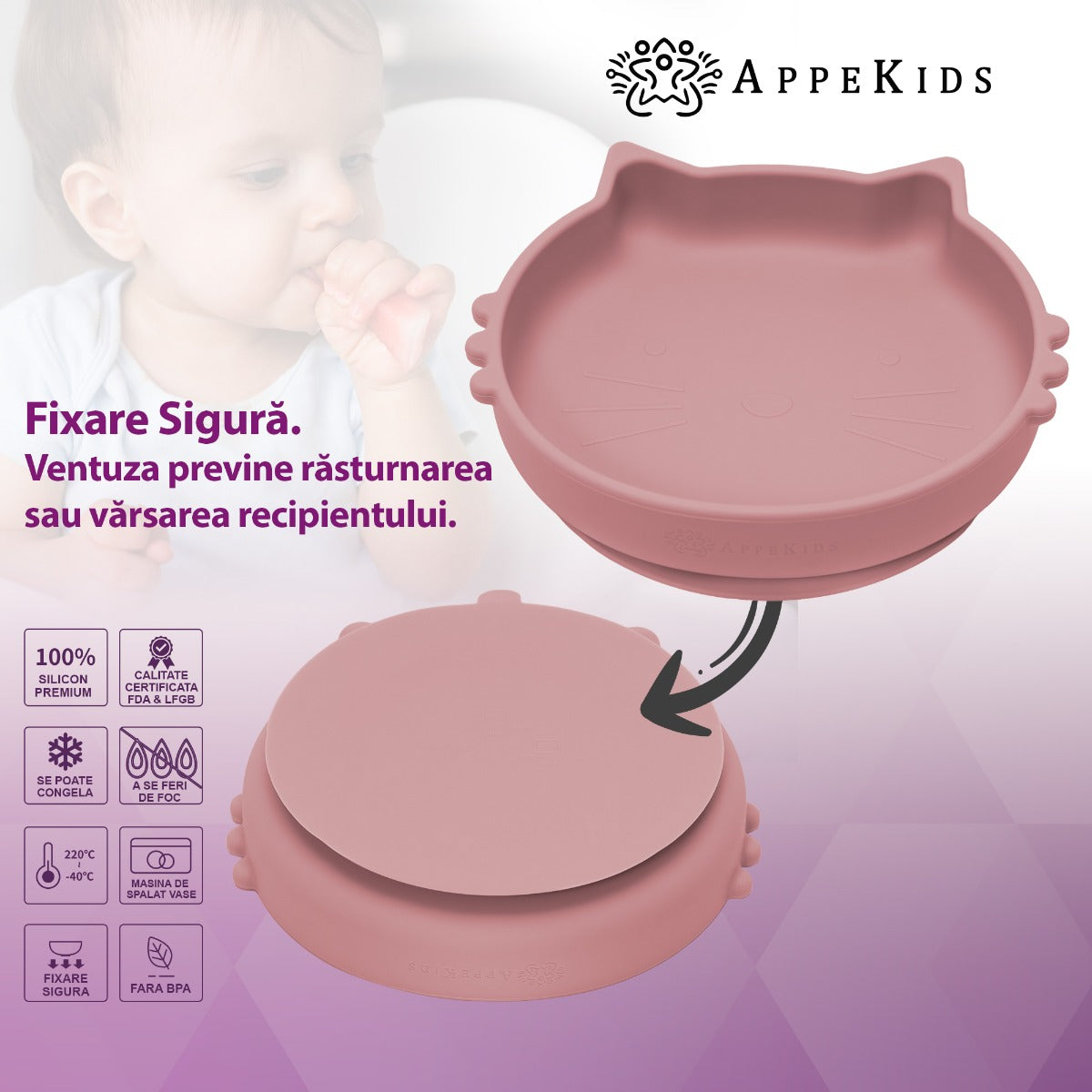 Set Diversificare, AppeKids, 100% Silicon, Kitty - Old Rose - gogobaby.ro