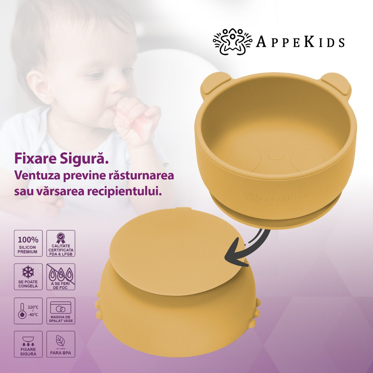 Bol din silicon cu ventuza, AppeKids, The Little Bear - Honey - gogobaby.ro