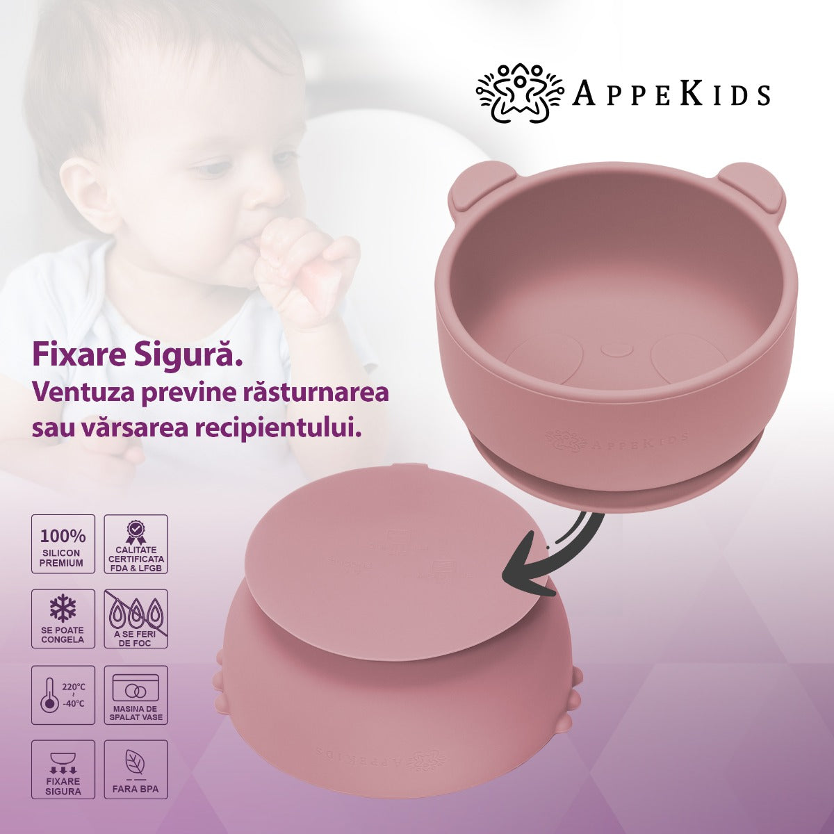 Bol din silicon cu ventuza, AppeKids, The Little Bear - Old Rose - gogobaby.ro