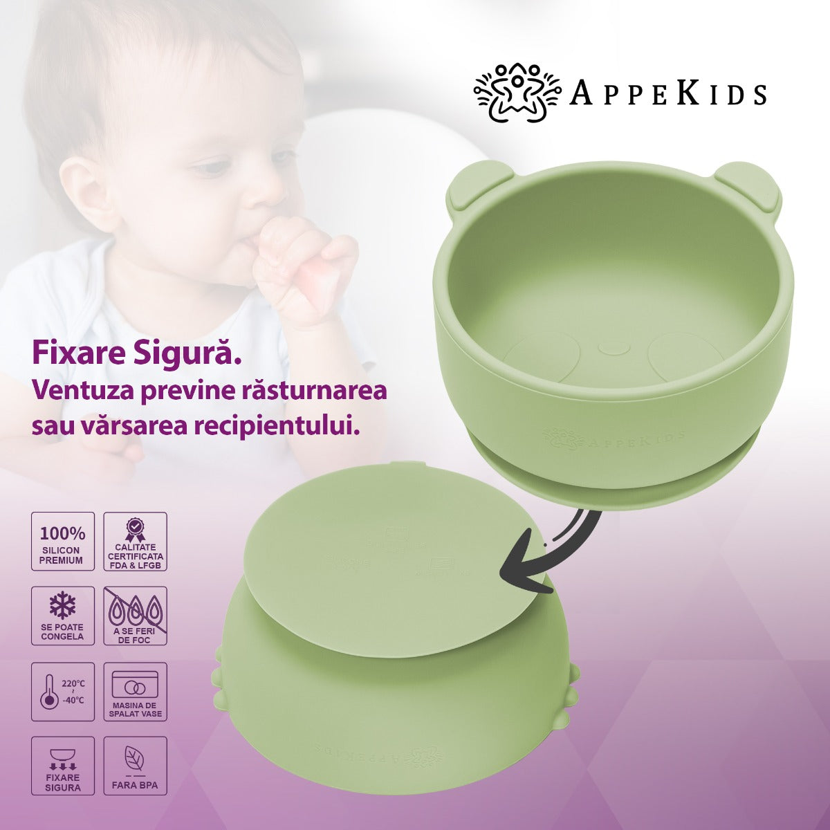 Bol din silicon cu ventuza, AppeKids, The Little Bear - Raw Green - gogobaby.ro