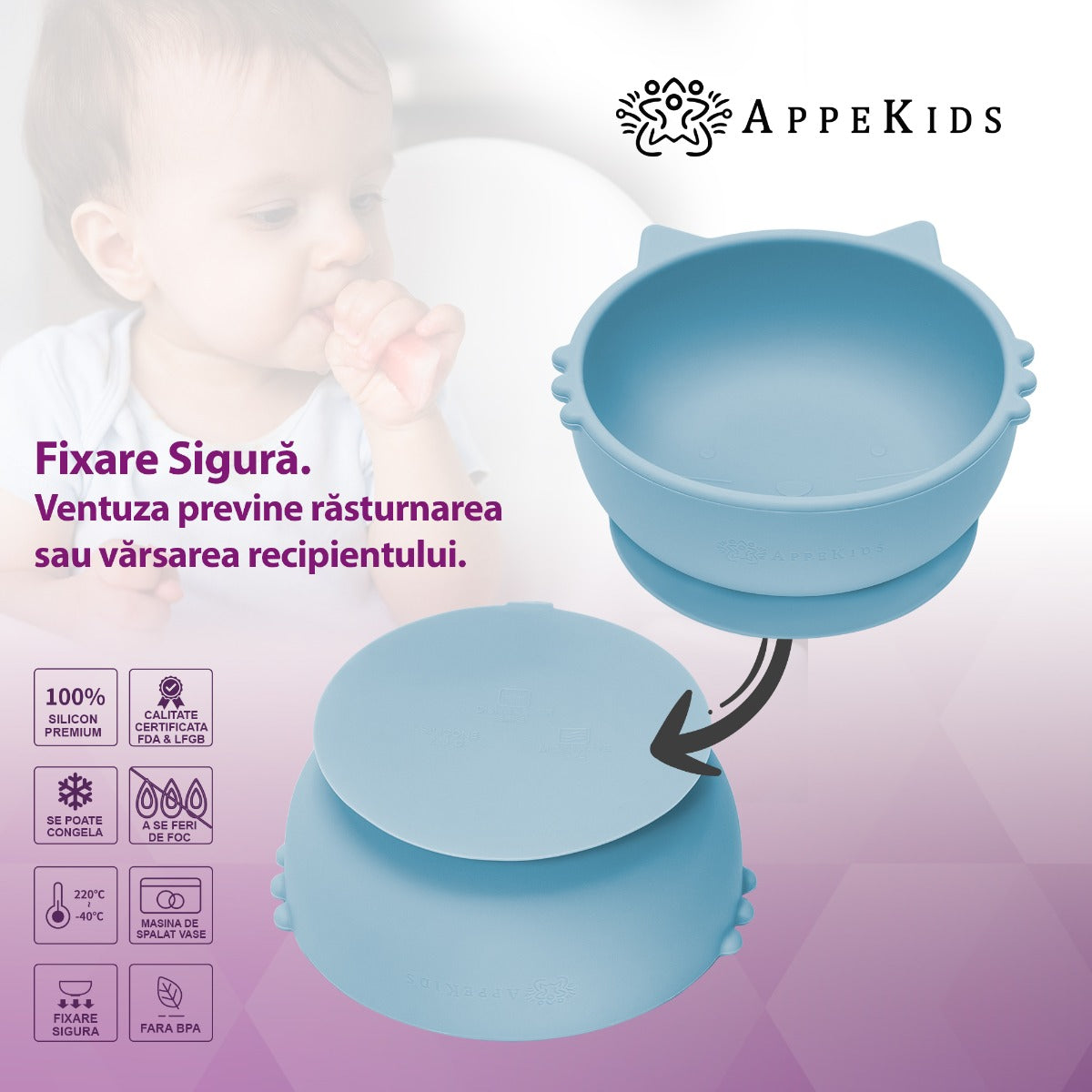 Bol din silicon, AppeKids, Kitty I - Aqua Blue - gogobaby.ro