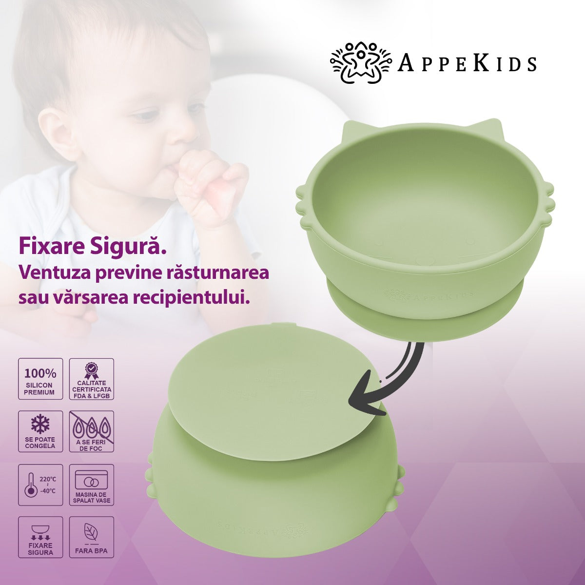 Bol din silicon, AppeKids, Kitty I - Raw Green - gogobaby.ro