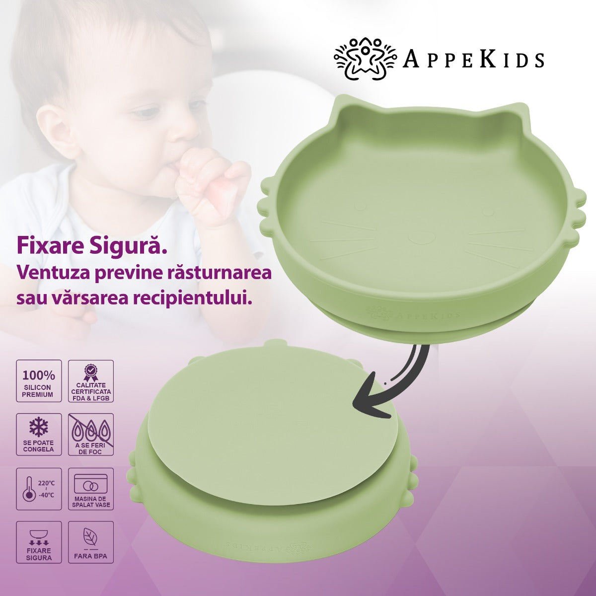 Bol din silicon, AppeKids, Kitty II - Raw Green - gogobaby.ro