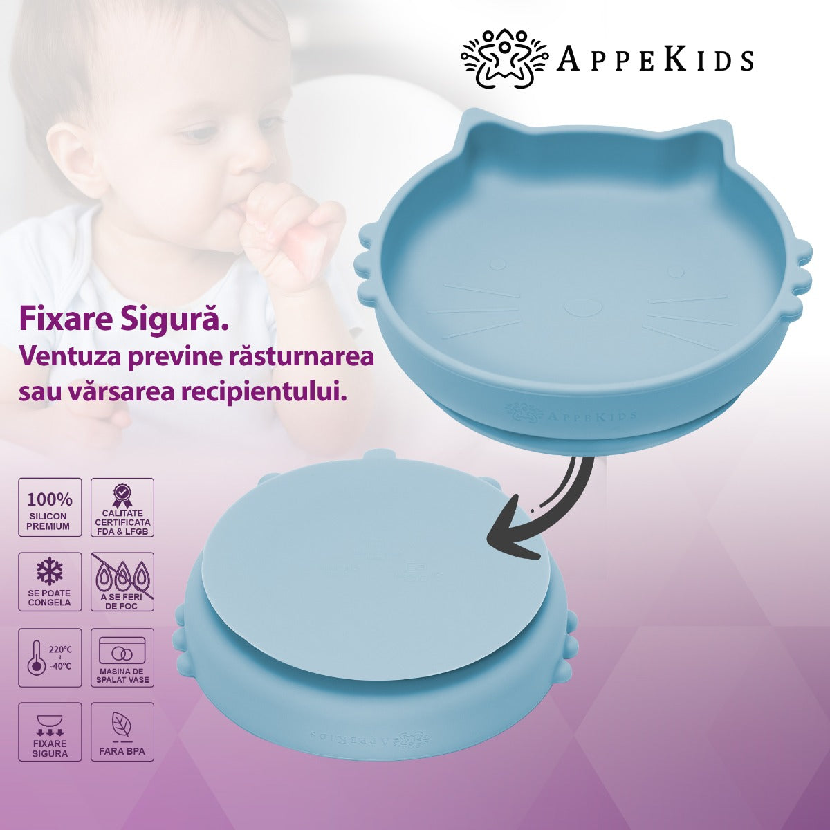 Bol din silicon, AppeKids, Kitty II - Aqua Blue - gogobaby.ro