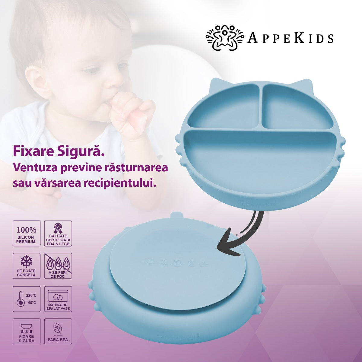 Farfurie compartimentata din silicon cu ventuza, AppeKids - Kitty - Aqua Blue - gogobaby.ro