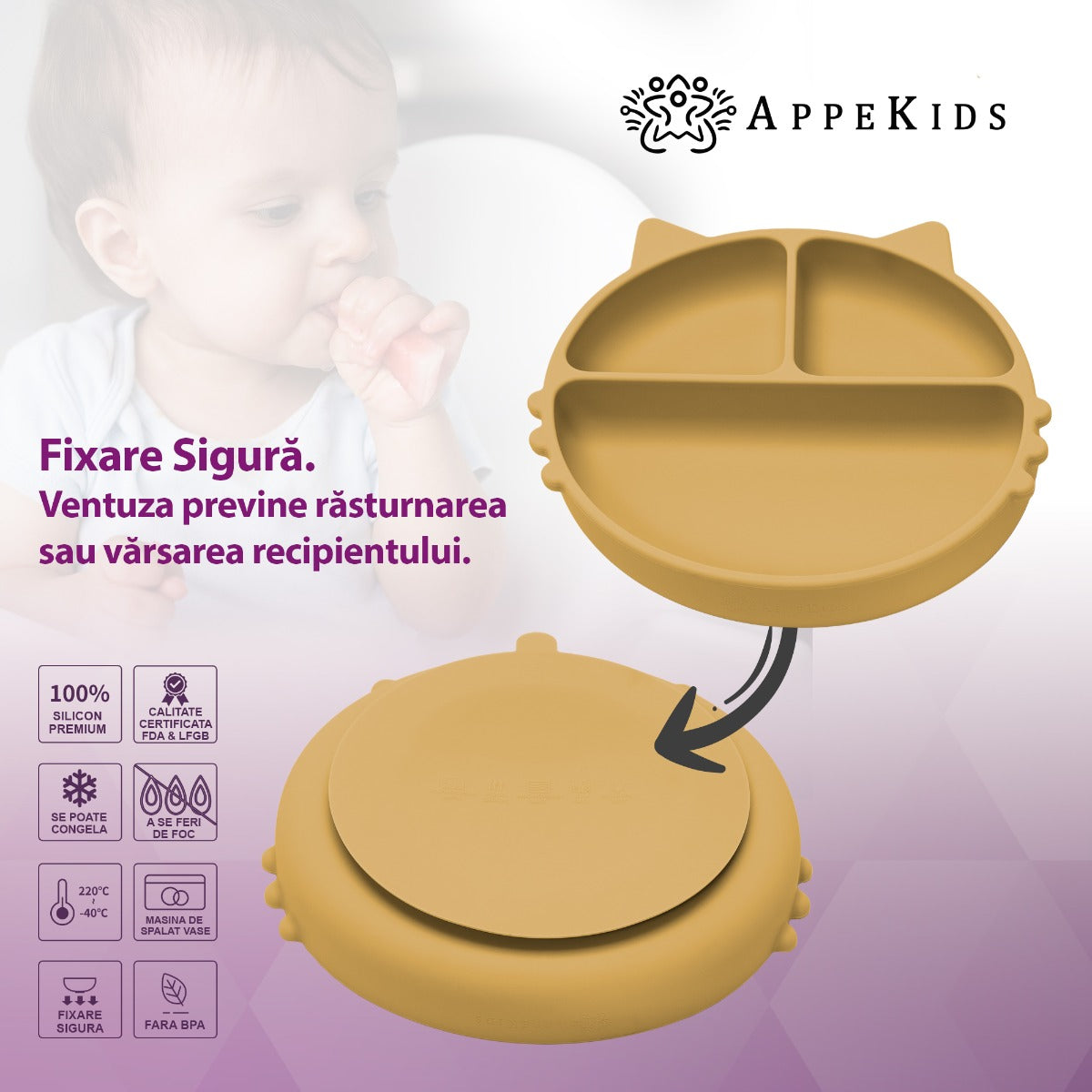Farfurie compartimentata din silicon cu ventuza, AppeKids - Kitty - Honey - gogobaby.ro