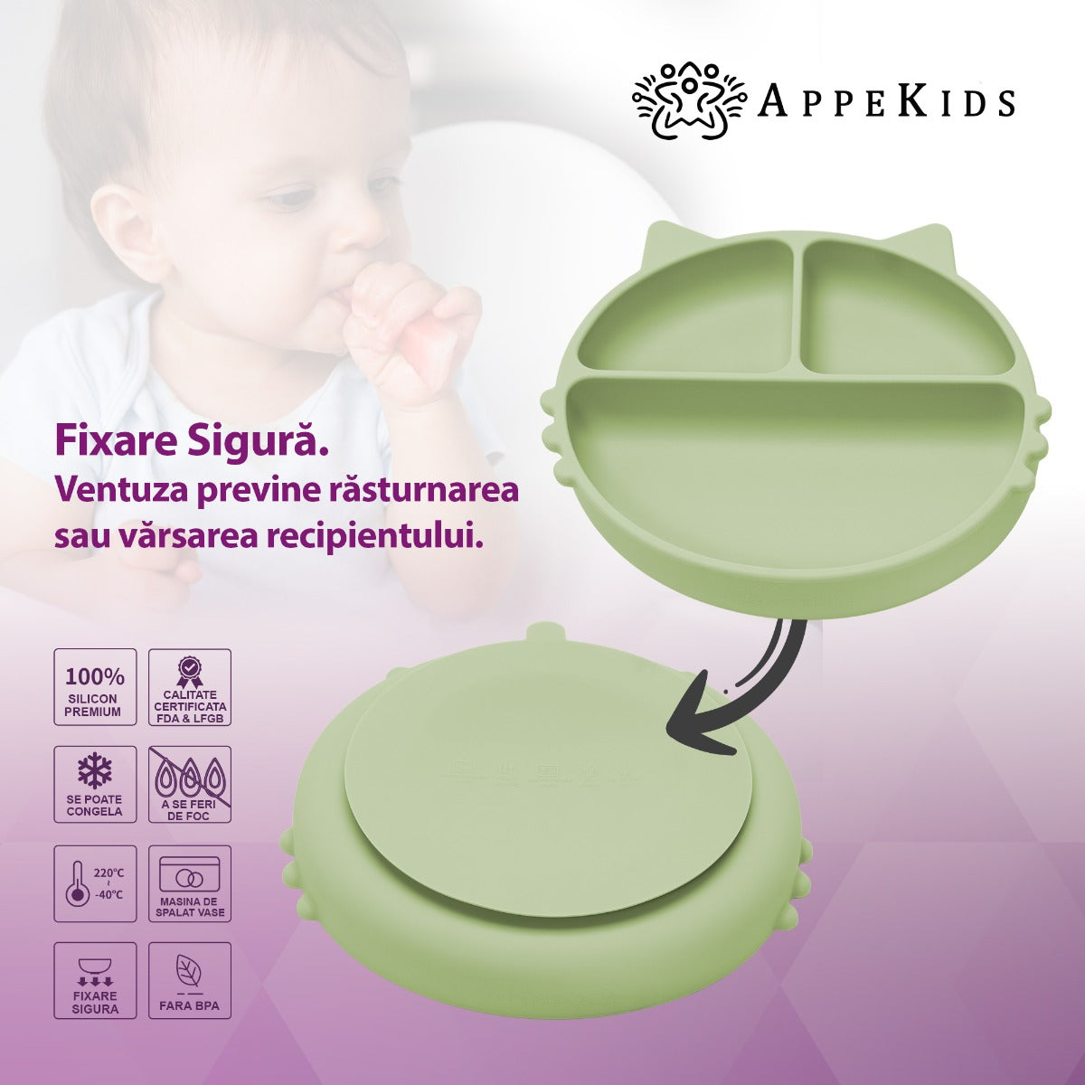 Farfurie compartimentata din silicon cu ventuza, AppeKids - Kitty - Raw Green - gogobaby.ro