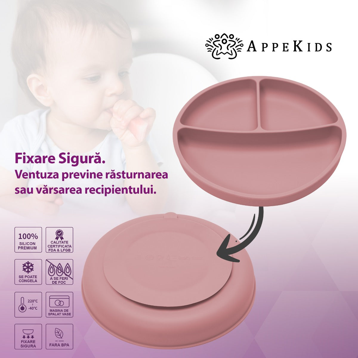 Farfurie compartimentata din silicon cu ventuza, AppeKids - Old Rose