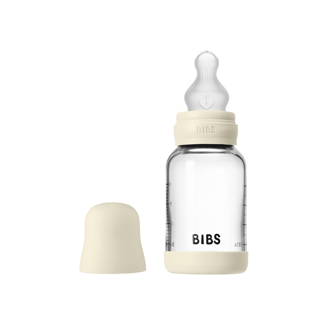 BIBS - Set complet biberon din sticla anticolici cu tetina din silicon flux lent, 120 ml, Ivory - gogobaby.ro