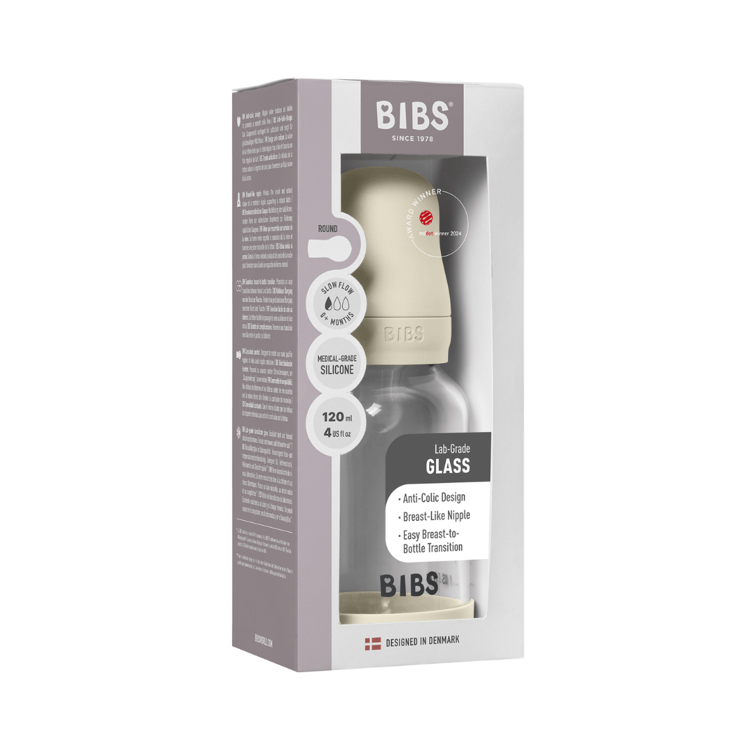 BIBS - Set complet biberon din sticla anticolici cu tetina din silicon flux lent, 120 ml, Ivory - gogobaby.ro