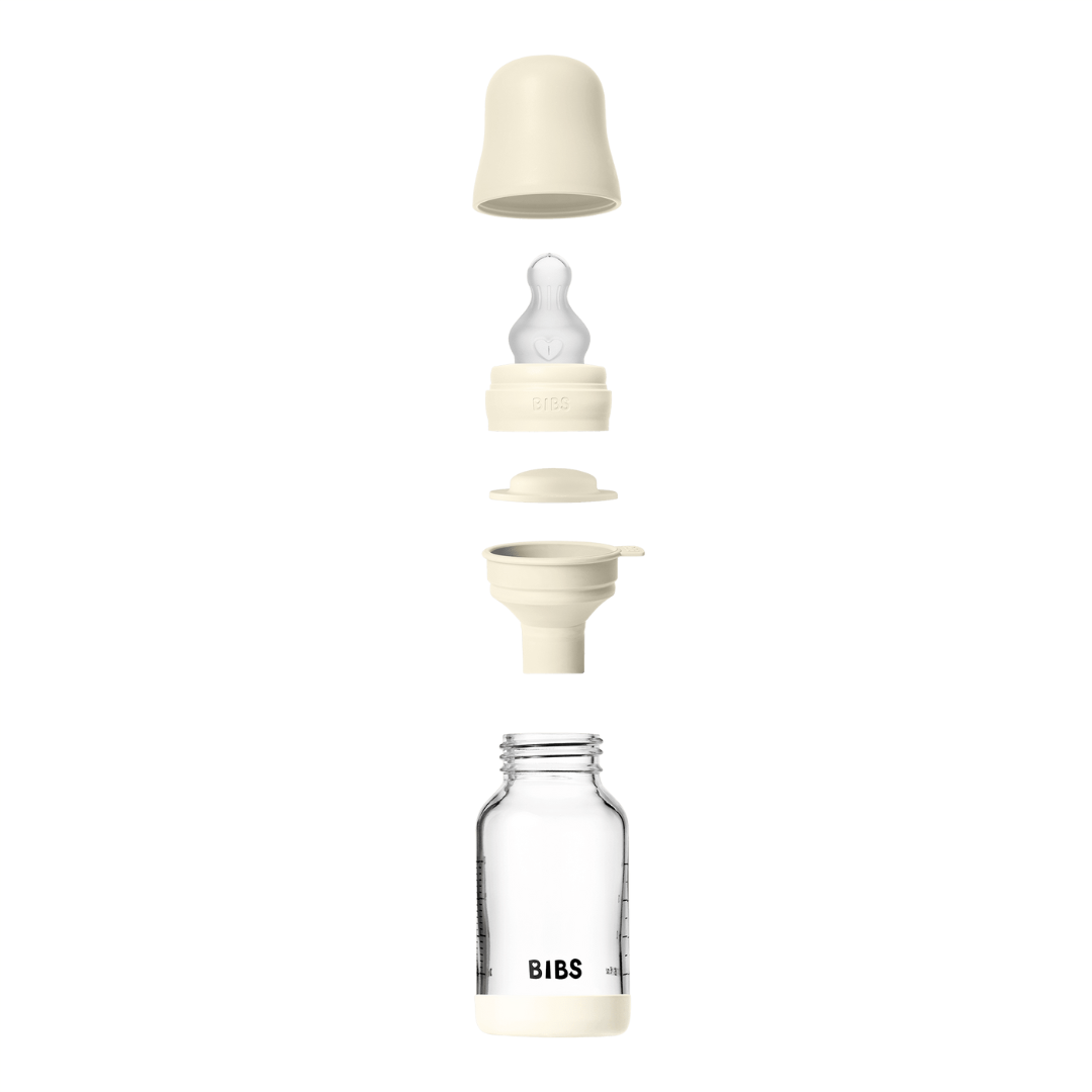 BIBS - Set complet biberon din sticla anticolici cu tetina din silicon flux lent, 120 ml, Ivory - gogobaby.ro