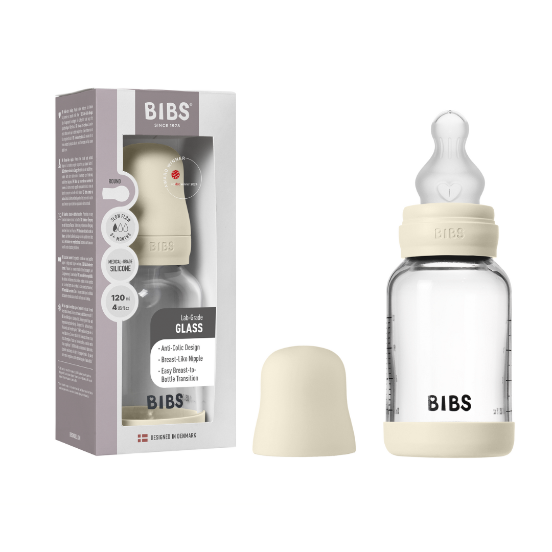 BIBS - Set complet biberon din sticla anticolici cu tetina din silicon flux lent, 120 ml, Ivory - gogobaby.ro