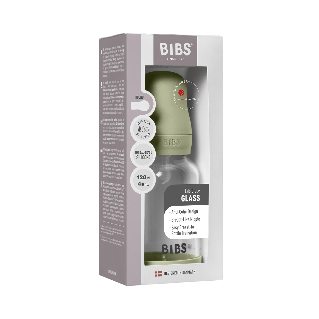 BIBS - Set complet biberon din sticla anticolici cu tetina din silicon flux lent, 120 ml, Sage - gogobaby.ro