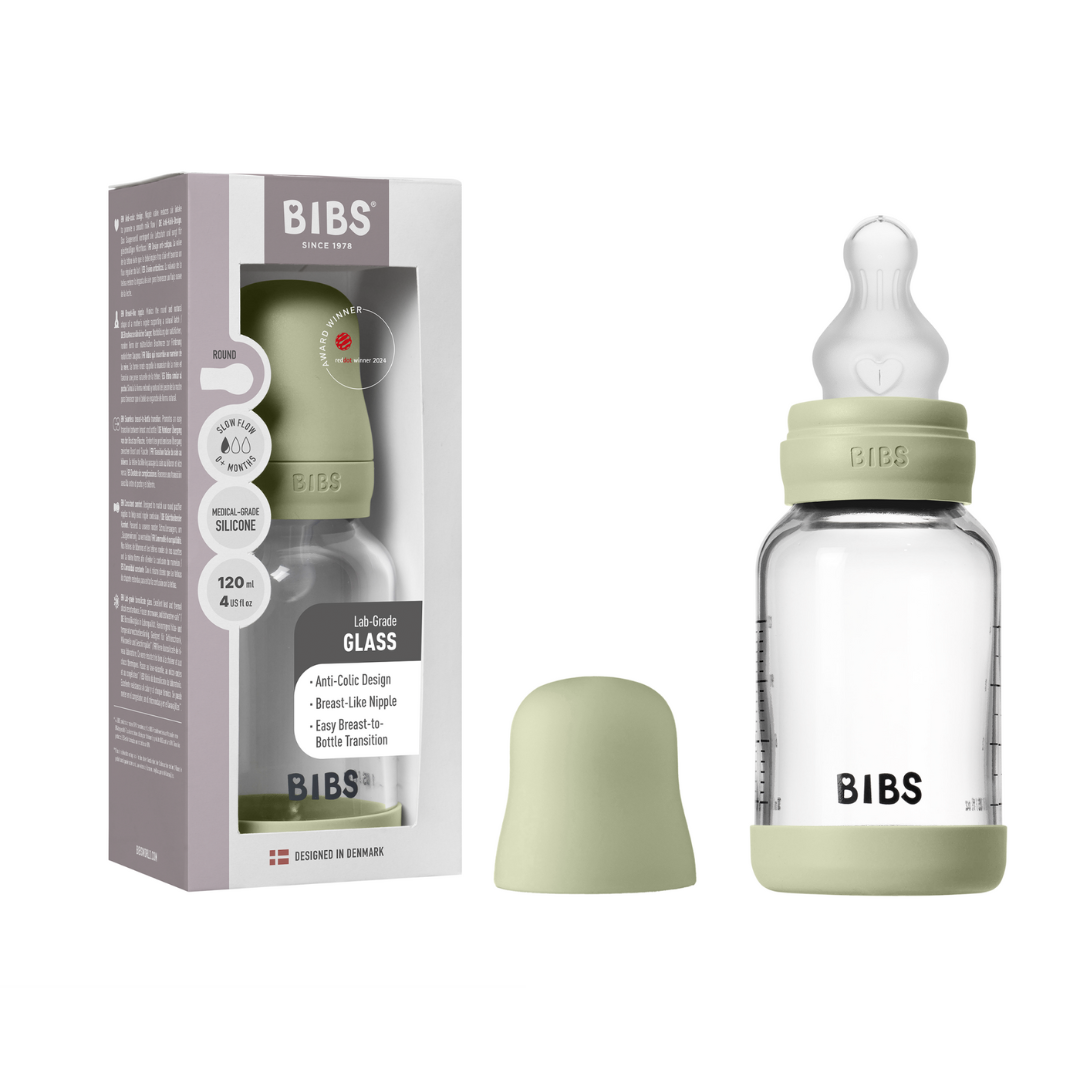 BIBS - Set complet biberon din sticla anticolici cu tetina din silicon flux lent, 120 ml, Sage - gogobaby.ro