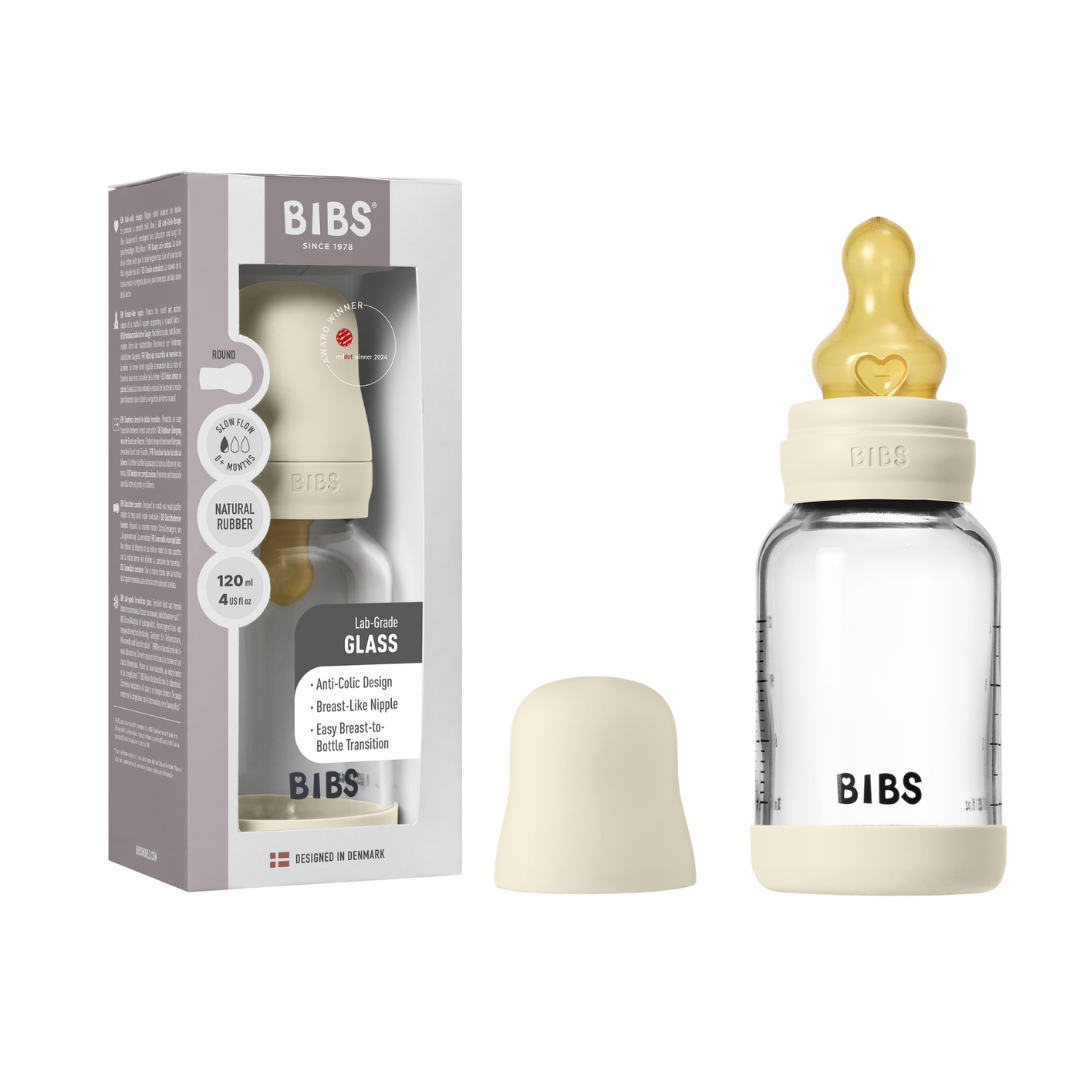 BIBS - Set complet biberon din sticla anticolici cu tetina din latex, flux lent, 120 ml, Ivory - gogobaby.ro