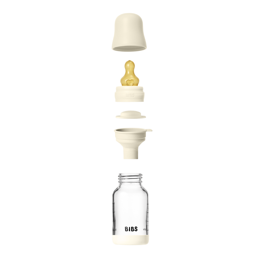 BIBS - Set complet biberon din sticla anticolici cu tetina din latex, flux lent, 120 ml, Ivory - gogobaby.ro