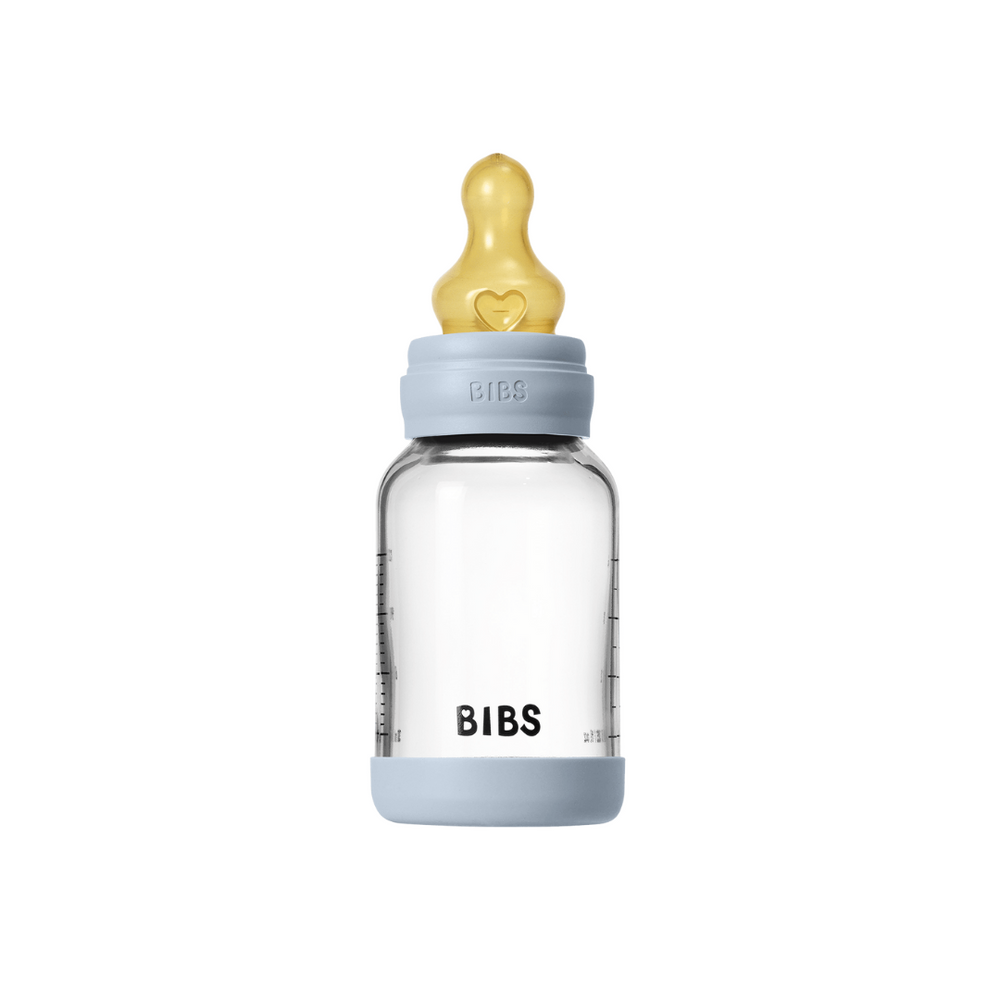 BIBS - Set complet biberon din sticla anticolici cu tetina din latex, flux lent, 120 ml, Baby Blue