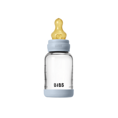 BIBS - Set complet biberon din sticla anticolici cu tetina din latex, flux lent, 120 ml, Baby Blue