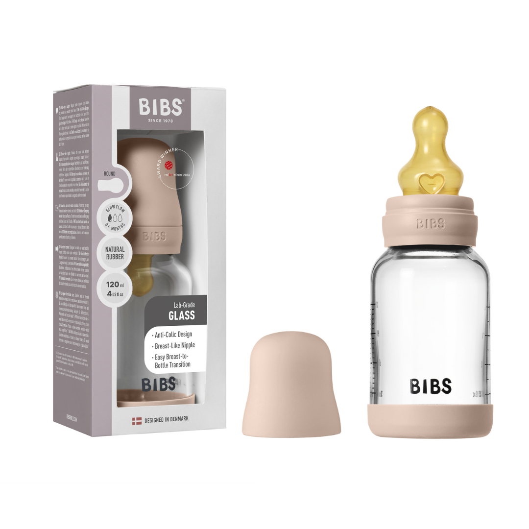 BIBS - Set complet biberon din sticla anticolici cu tetina din latex, flux lent, 120 ml, Blush - gogobaby.ro