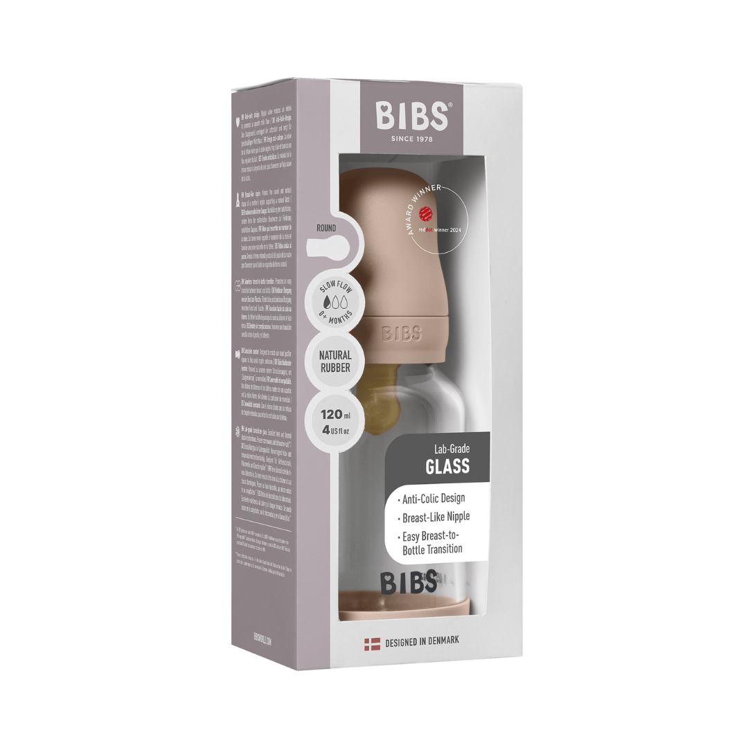 BIBS - Set complet biberon din sticla anticolici cu tetina din latex, flux lent, 120 ml, Blush - gogobaby.ro
