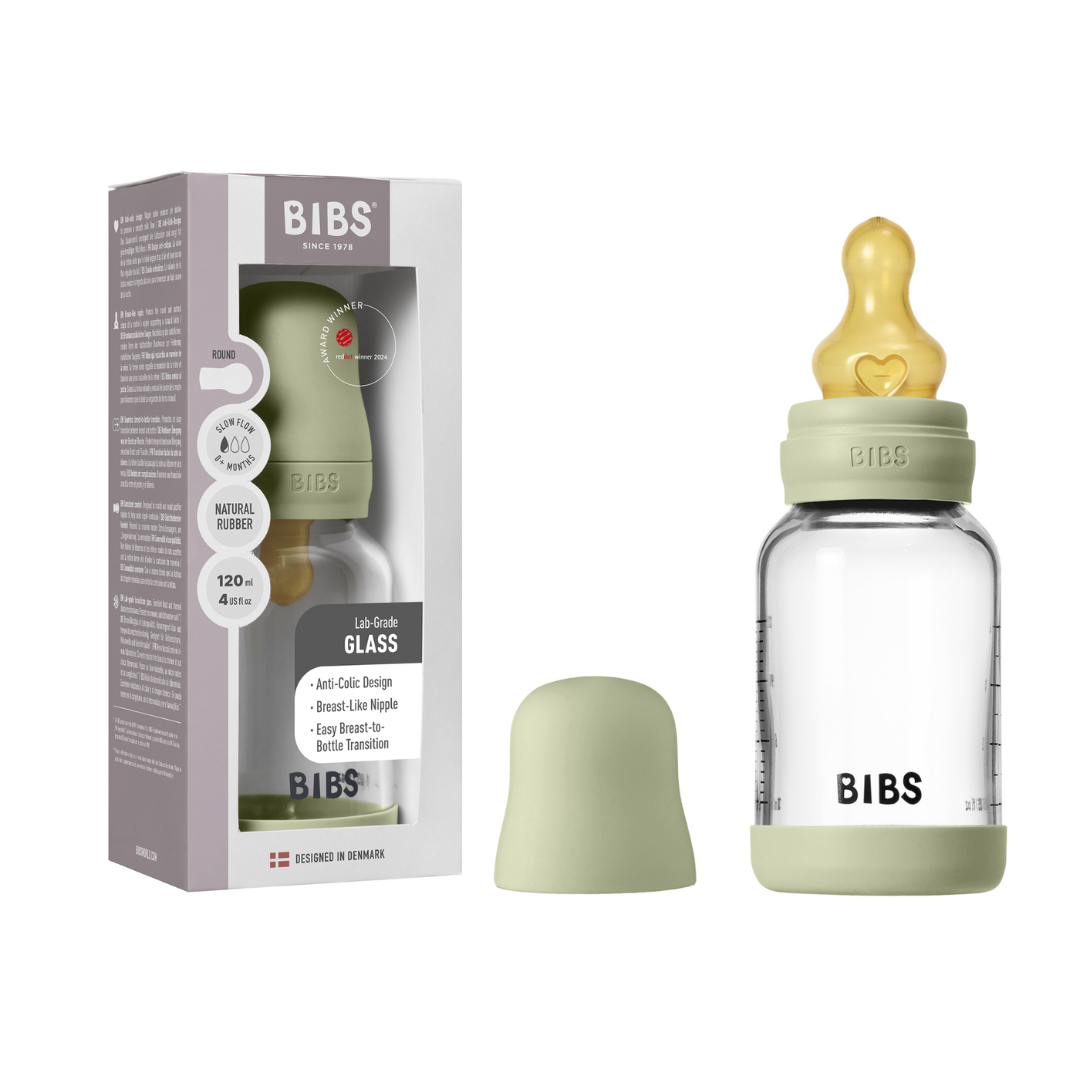 BIBS - Set complet biberon din sticla anticolici cu tetina din latex, flux lent, 120 ml, Sage - gogobaby.ro