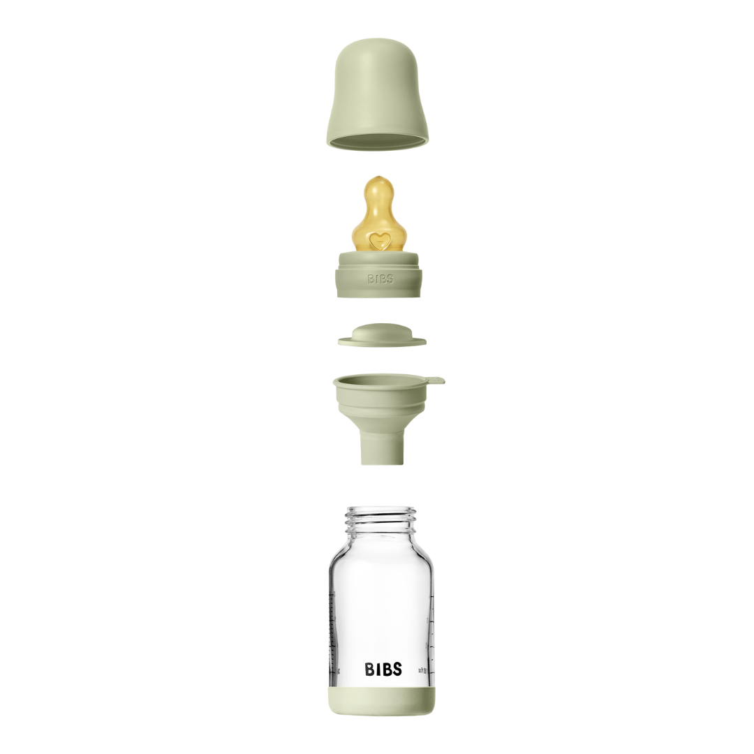 BIBS - Set complet biberon din sticla anticolici cu tetina din latex, flux lent, 120 ml, Sage - gogobaby.ro