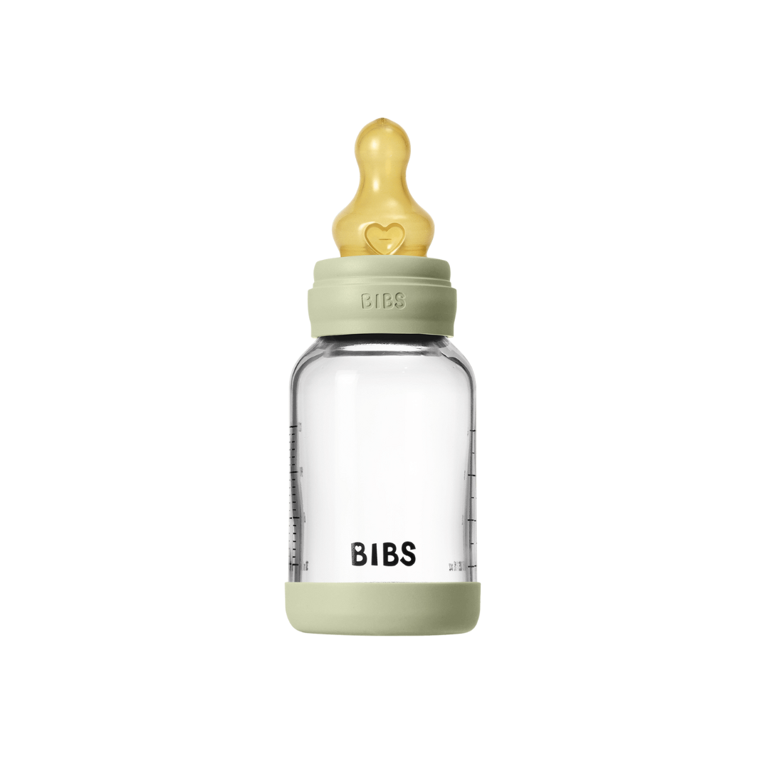 BIBS - Set complet biberon din sticla anticolici cu tetina din latex, flux lent, 120 ml, Sage - gogobaby.ro
