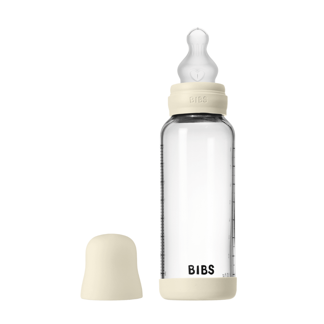 BIBS - Set complet biberon din sticla anticolici cu tetina din silicon, flux mediu, 240 ml, Ivory - gogobaby.ro