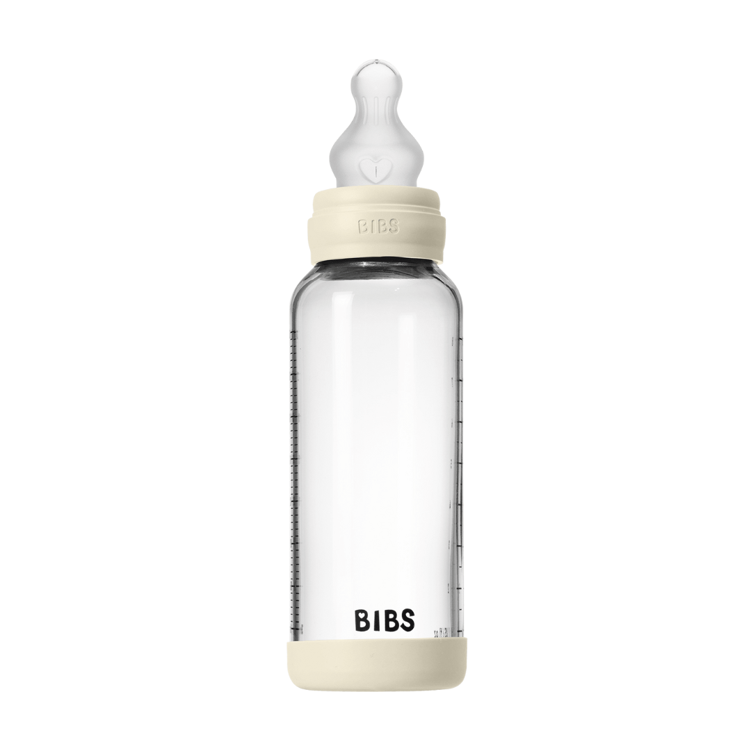 BIBS - Set complet biberon din sticla anticolici cu tetina din silicon, flux mediu, 240 ml, Ivory - gogobaby.ro
