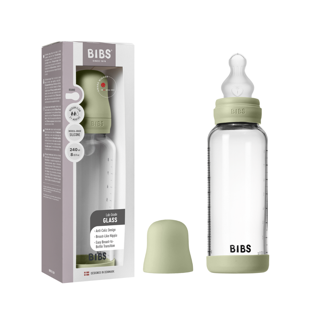 BIBS - Set complet biberon din sticla anticolici cu tetina din silicon, flux mediu, 240 ml, Sage - gogobaby.ro