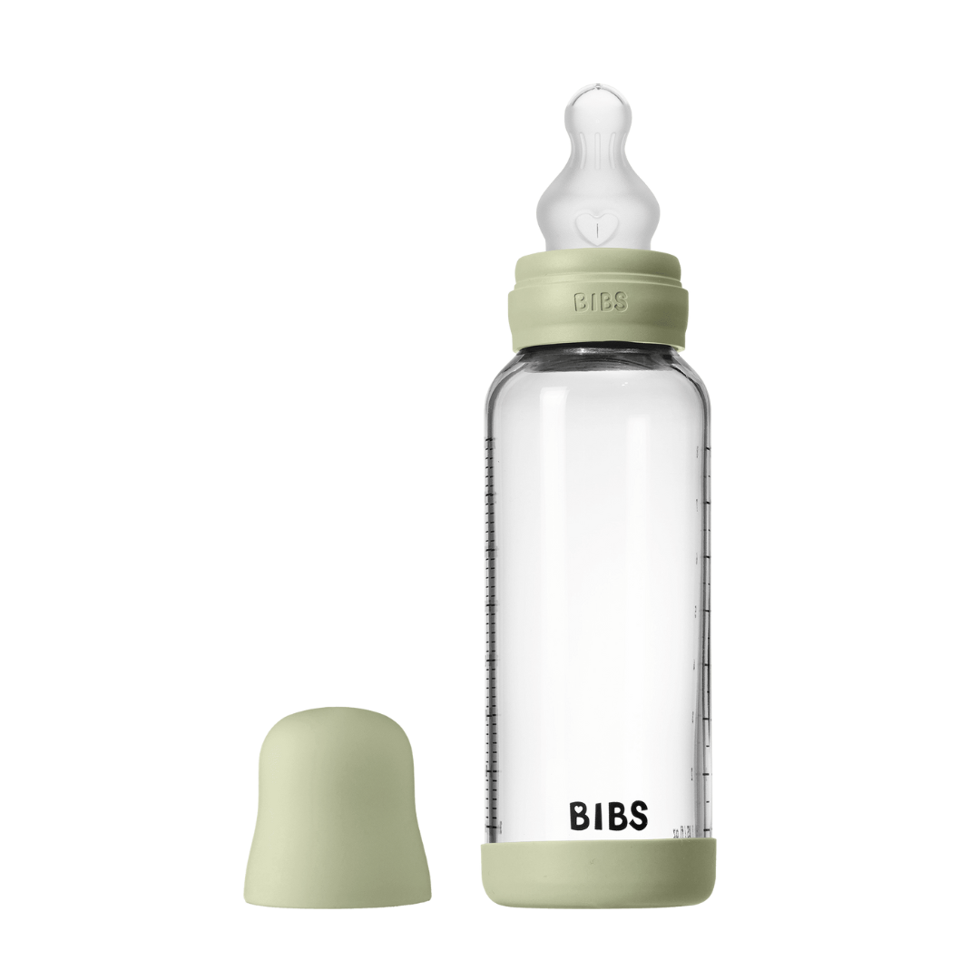 BIBS - Set complet biberon din sticla anticolici cu tetina din silicon, flux mediu, 240 ml, Sage - gogobaby.ro