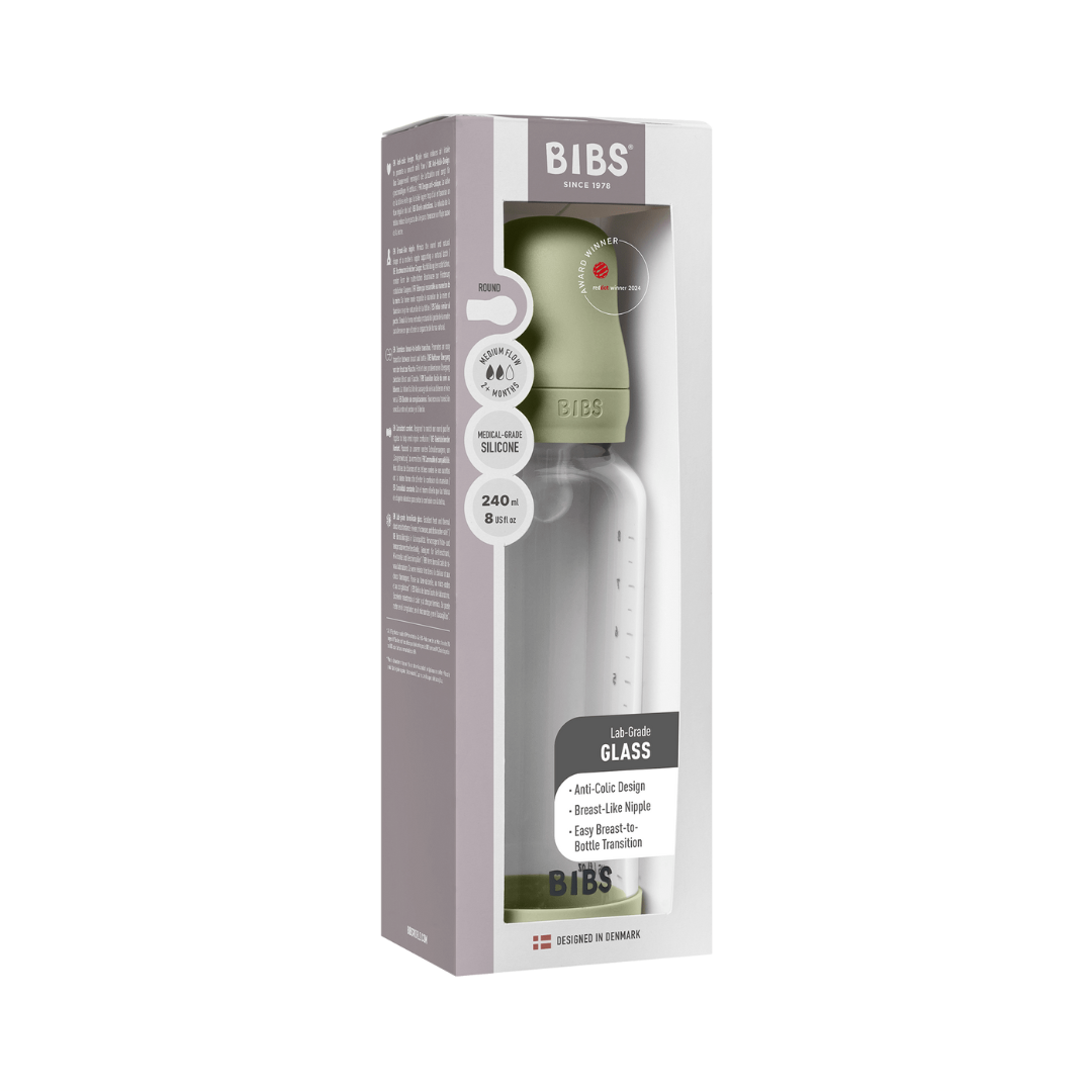 BIBS - Set complet biberon din sticla anticolici cu tetina din silicon, flux mediu, 240 ml, Sage - gogobaby.ro