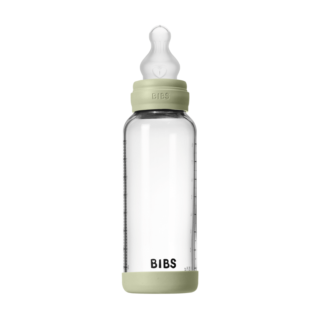 BIBS - Set complet biberon din sticla anticolici cu tetina din silicon, flux mediu, 240 ml, Sage - gogobaby.ro