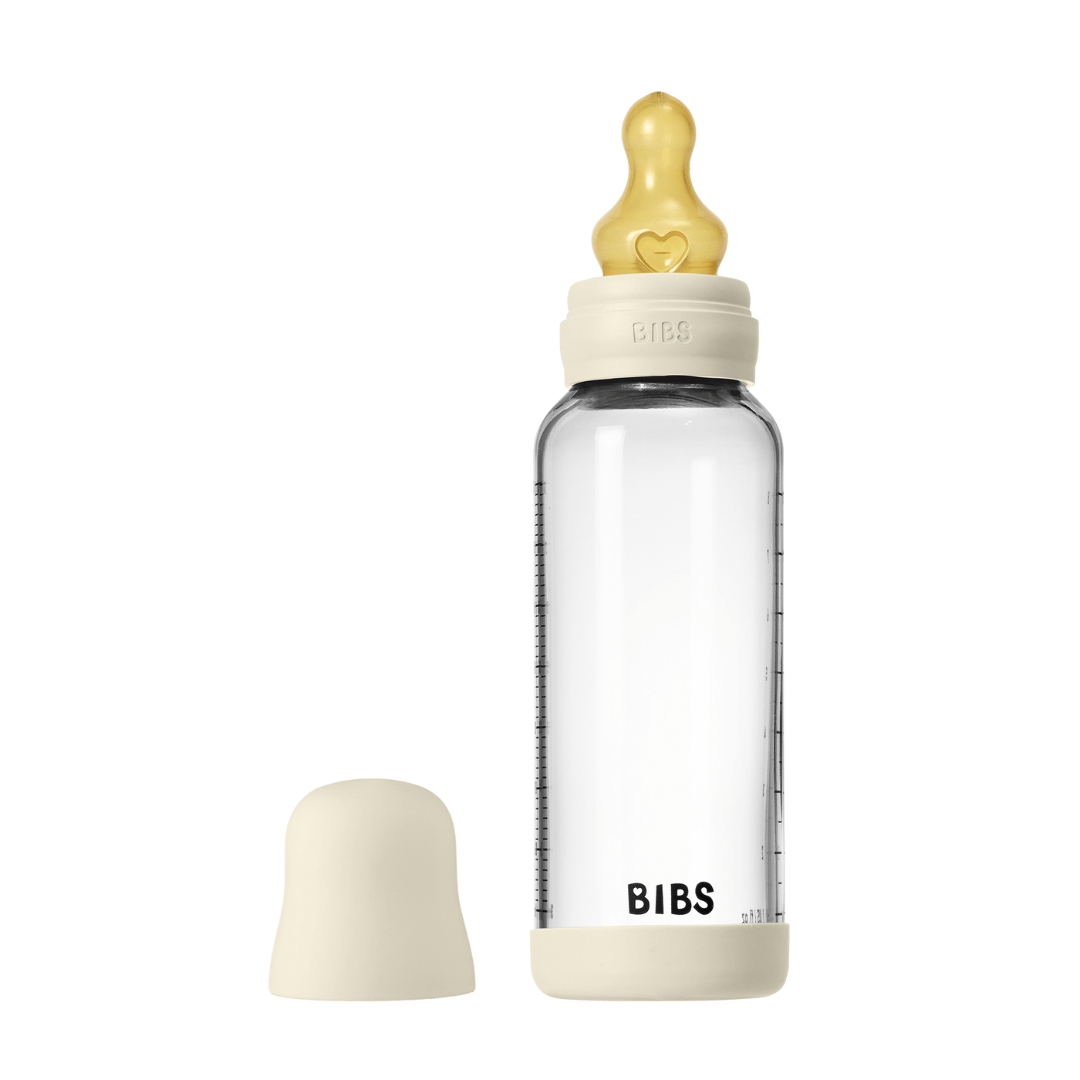 BIBS - Set complet biberon din sticla anticolici cu tetina din latex, flux mediu, 240 ml, Ivory - gogobaby.ro